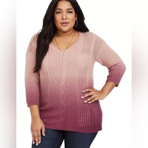 Torrid Sweater Tunic Blush Pink Dip Dye Ombre Cable Knit V-neck Boho Plus 3x